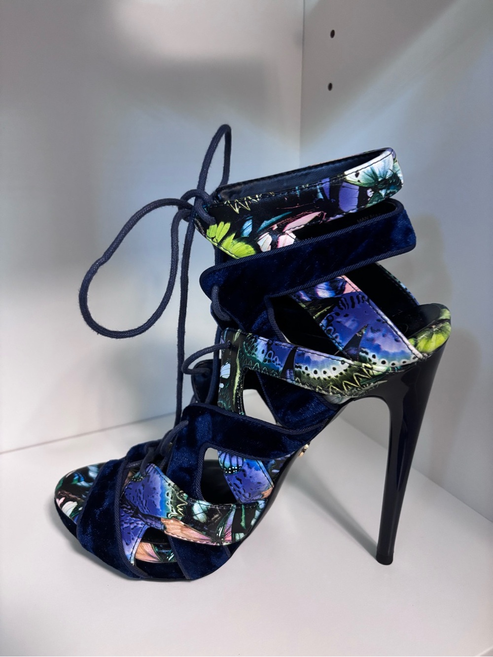 Kurt Geiger Navy Velvet Multicolor Floral Lace-Up Stiletto Sandals